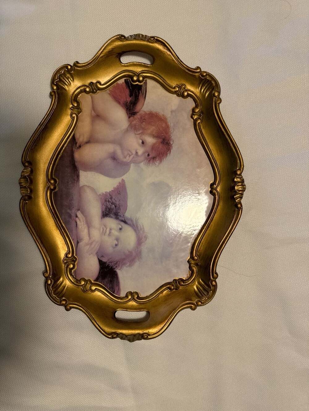 Vintage Florentine Italy Gold Gilt Wood Tray Raphael's Cherub Angels
